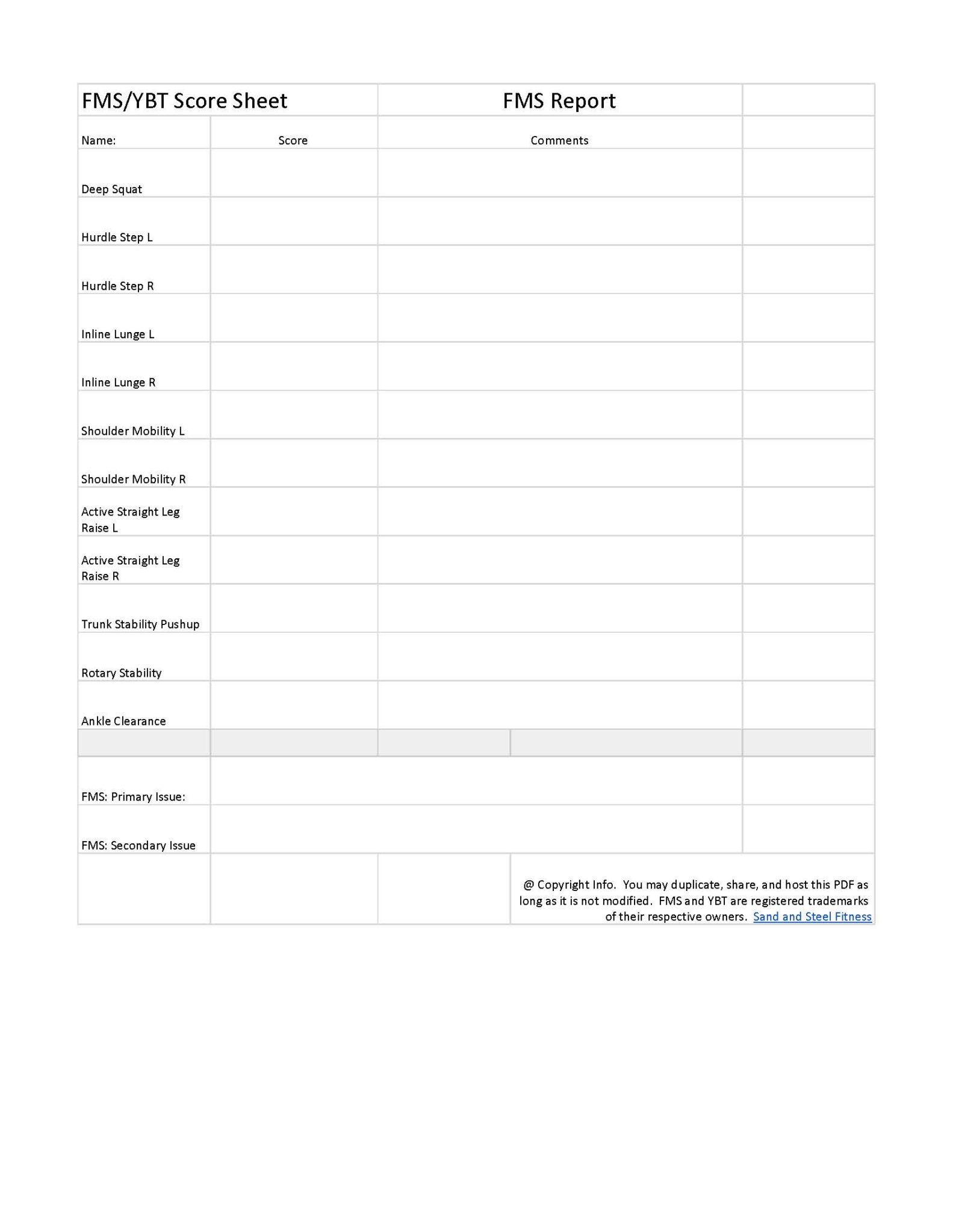Fms Scoring Sheet Printable