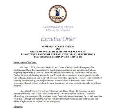 Executive Order 67 on Gyms in Northern Virginia