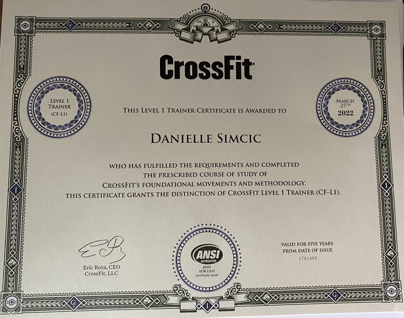 Coach Dani's CF-L1 Certificate